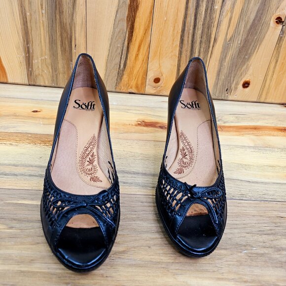 Sofft | Gillen Black Woven Leather Peep Toe Heels Size 9N - Picture 2 of 6